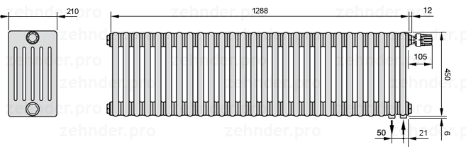 Схема (чертеж) Радиатор Zehnder Charleston 6045/28 №V002 Белый глянцевый RAL 9016